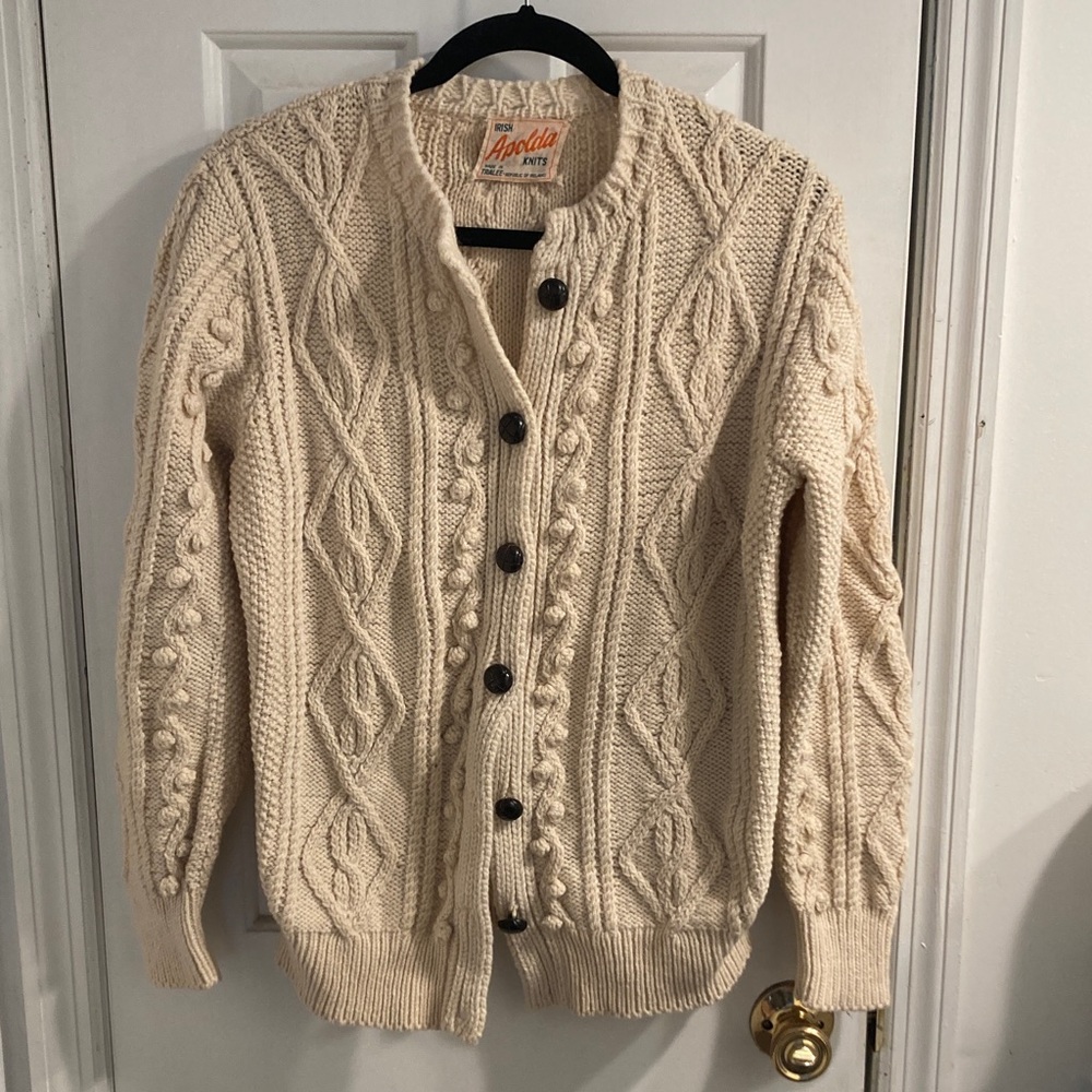 Vintage Aran Cardigan Sweater Made In Ireland Apolda Knits S/M